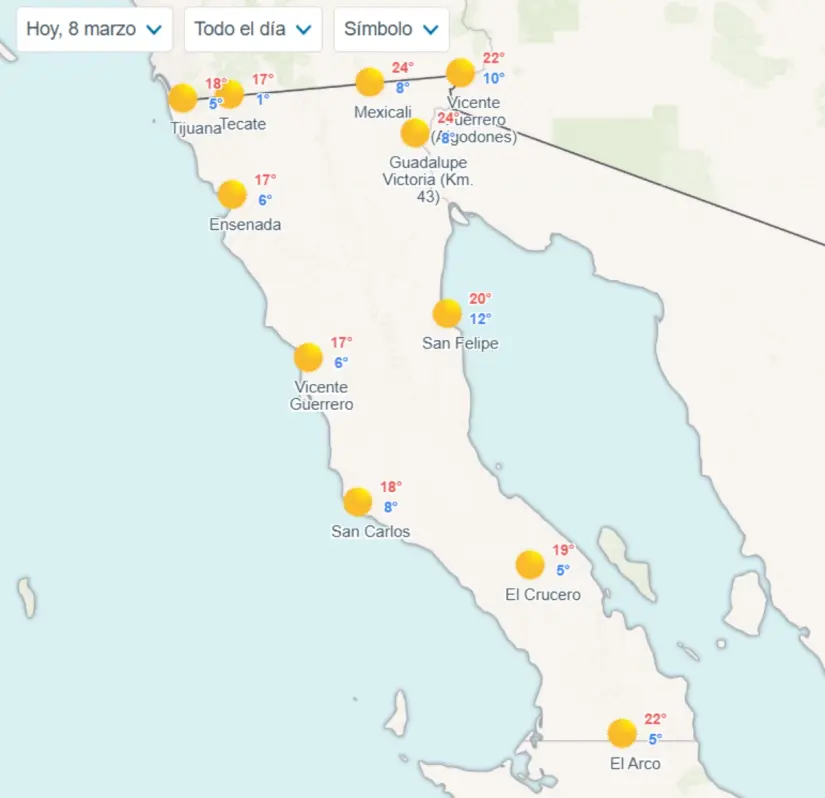 Clima en Baja California para el sábado 8 de marzo de 2025  