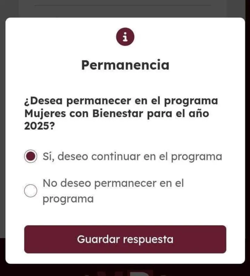 Mensaje de confirmación de permanencia en Mujeres con Bienestar 2025. Foto: Cortesía