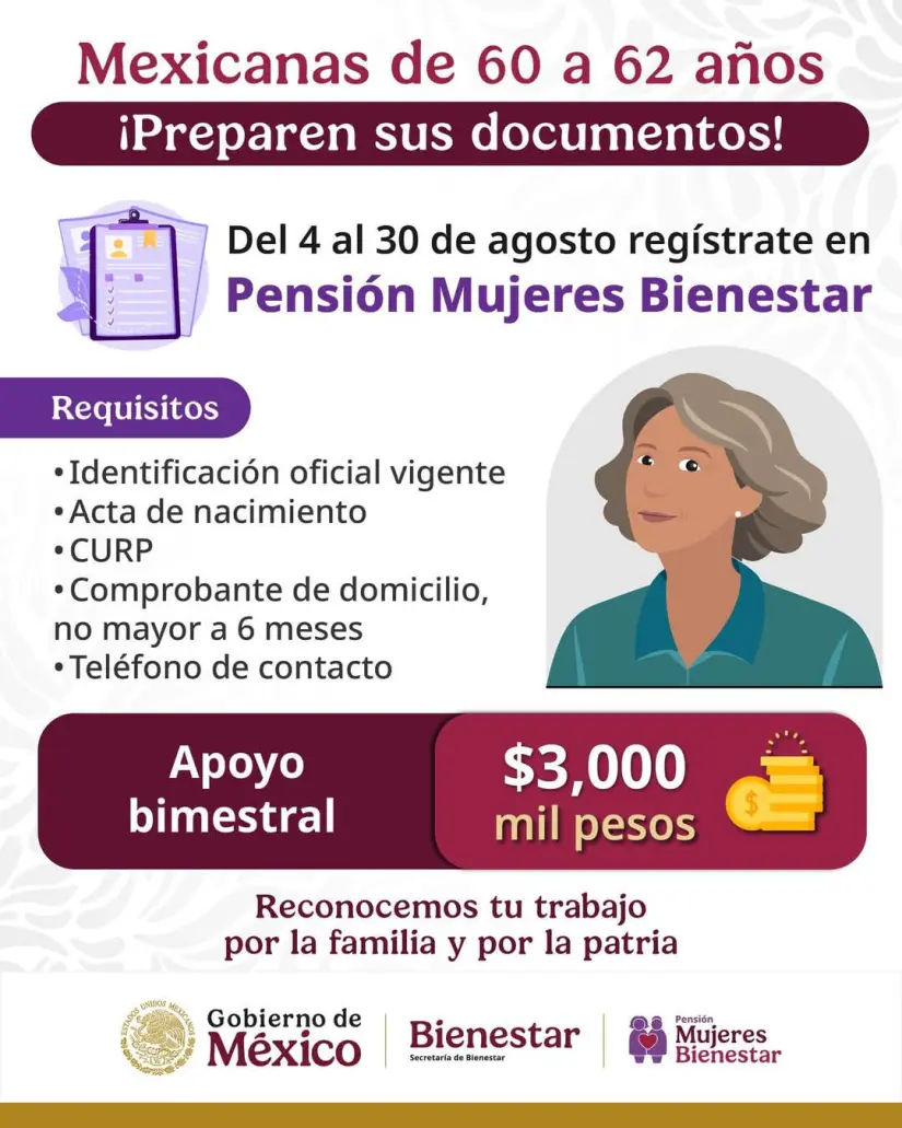 Convocatoria para la la Pensión Mujeres con Bienestar. Foto: Cortesía 