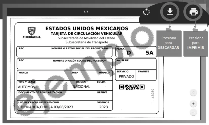 Imprime tu tarjeta de circulación en Chihuahua. Foto: Captura ipagos.chihuahua.gob.mx