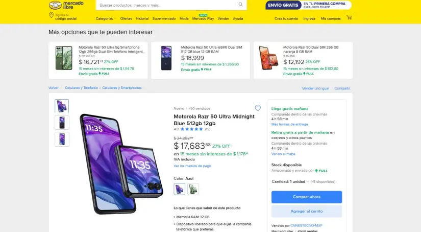 La promoción del Motorola Razr 50 Ultra en Mercado Libre. Foto: Captura de pantalla