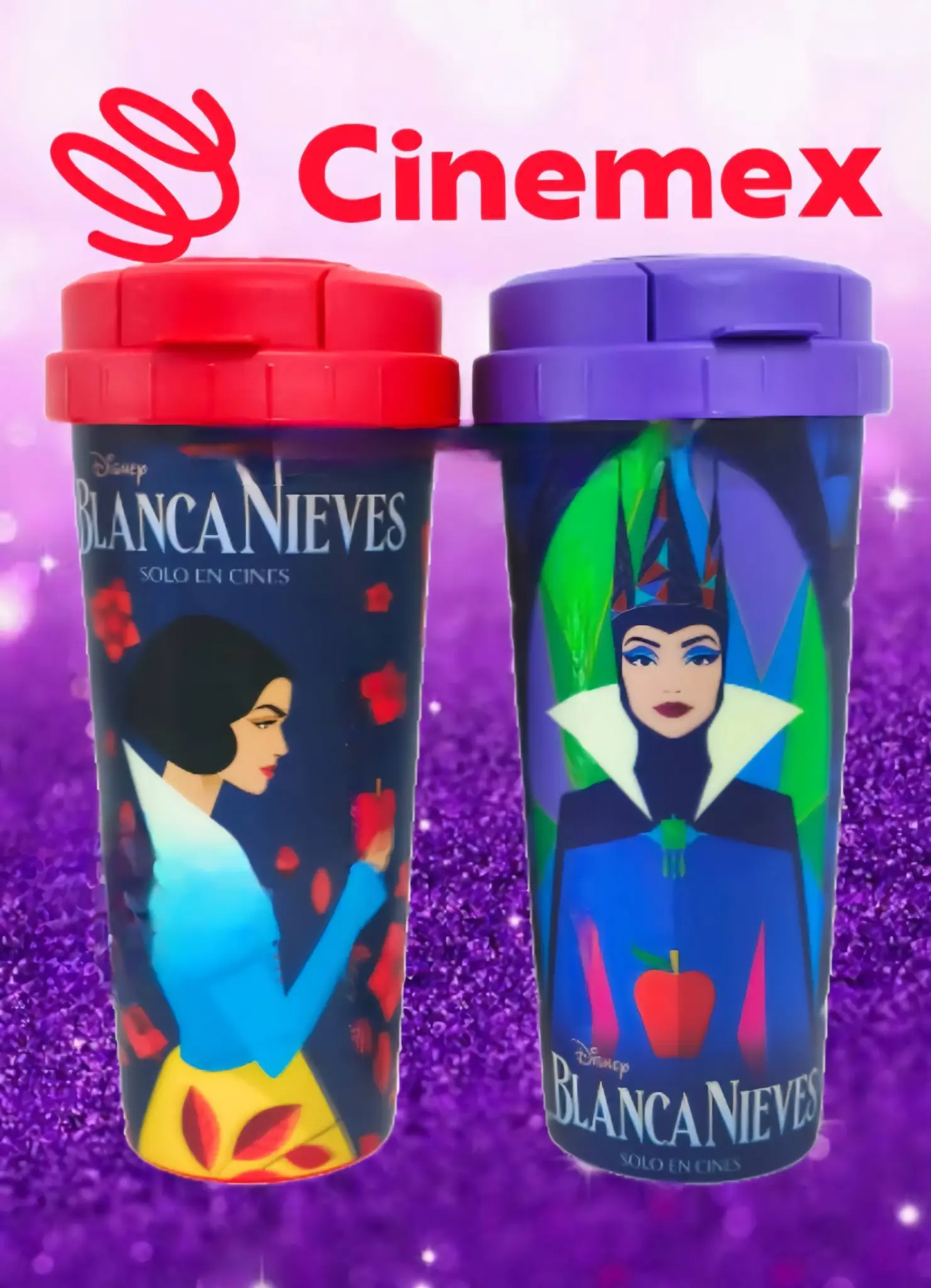 Son dos modelos de vasos coleccionables los del combo de Blanca Nieves en Cinemex Foto: Cortesía