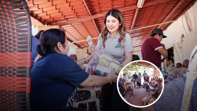 Grupo de adulto mayor “vivir de nuevo” en La Higuerita, recibe apoyos alimentarios del DIF Culiacán. Foto: Cortesía.