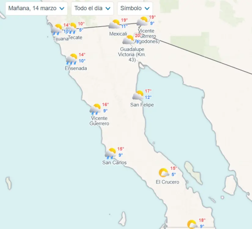 Clima en Baja California el 14 de marzo de 2025