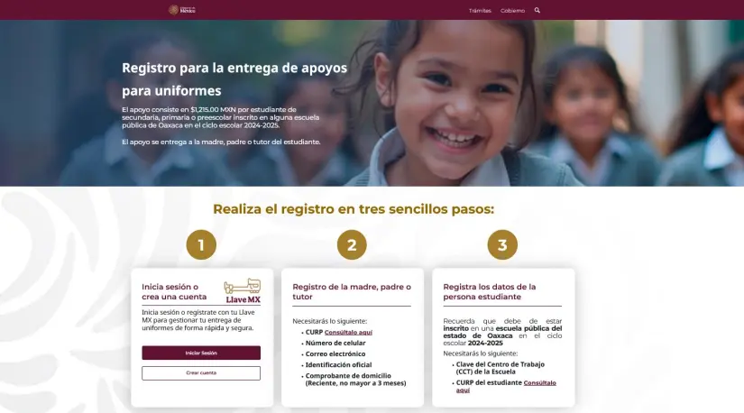 Plataforma para hacer el registro para el apoyo de uniformes de Oaxaca. Foto: Captura de pantalla