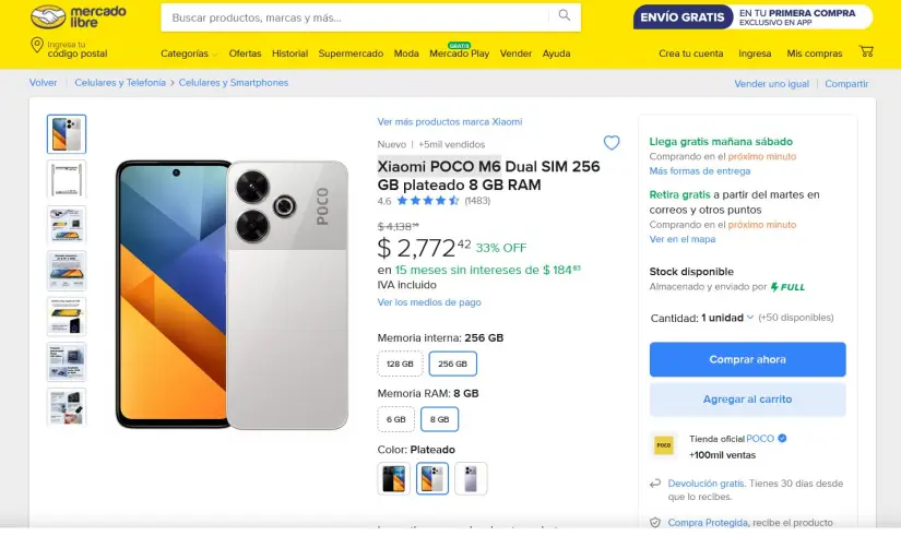 Xiaomi Poco M6 con descuento en Mercaado Libre por tiempo limitado. Foto: Captura de pantalla