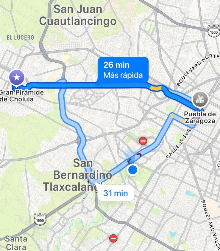 Mapa del centro de Puebla a Cholula