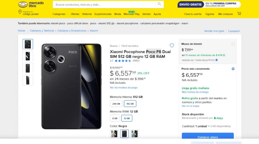 Xiaomi Poco F6 en oferta en Mercado Libre. Foto: Captura de pantalla