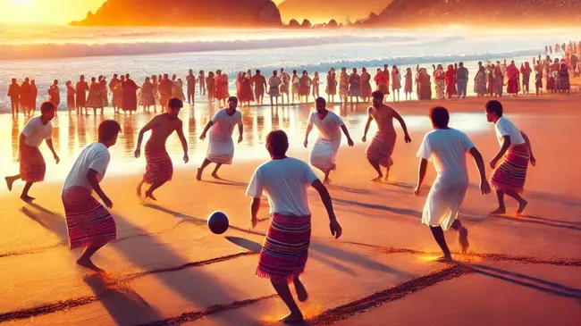 Una imagen hecha con la inteligencia artificial muestra a personas jugando a la Ulama en las playas de Mazatlán.