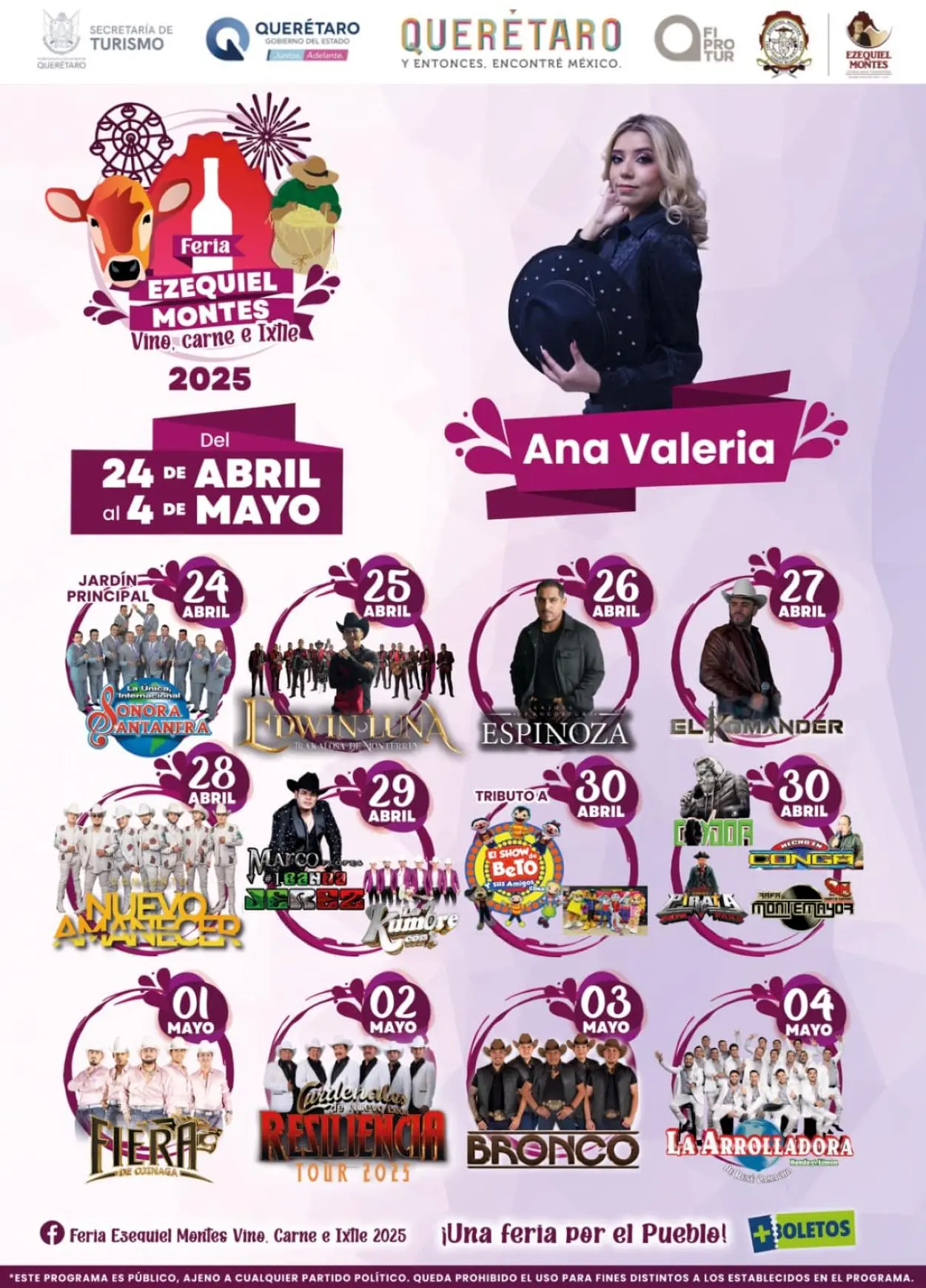 La lista de artistas que se presentarán en la Feria del Vino, Carne y el Ixtle de Ezequiel Montes. Foto: Cortesía