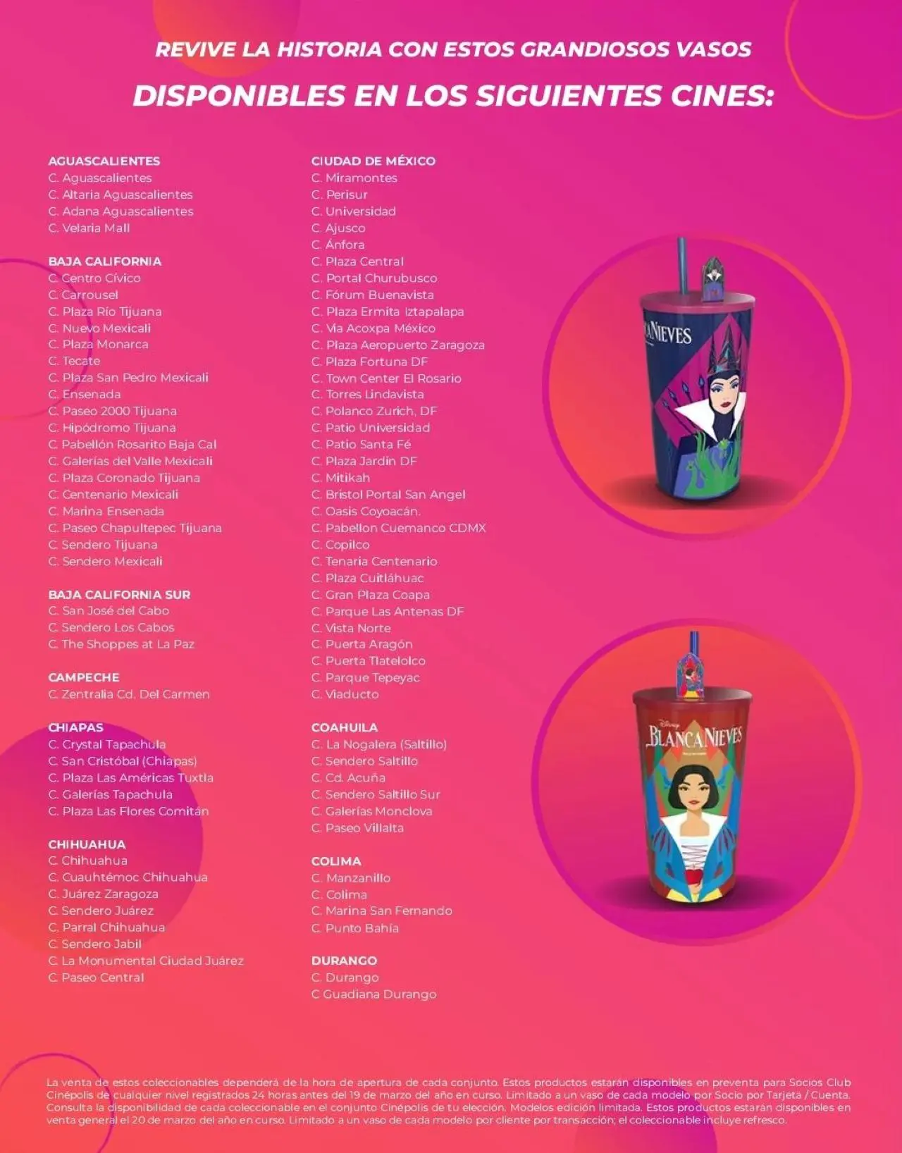 Sucursales de Cinépolis en las que estarán disponibles los vasos de Blanca Nieves. Foto: Coleccionando