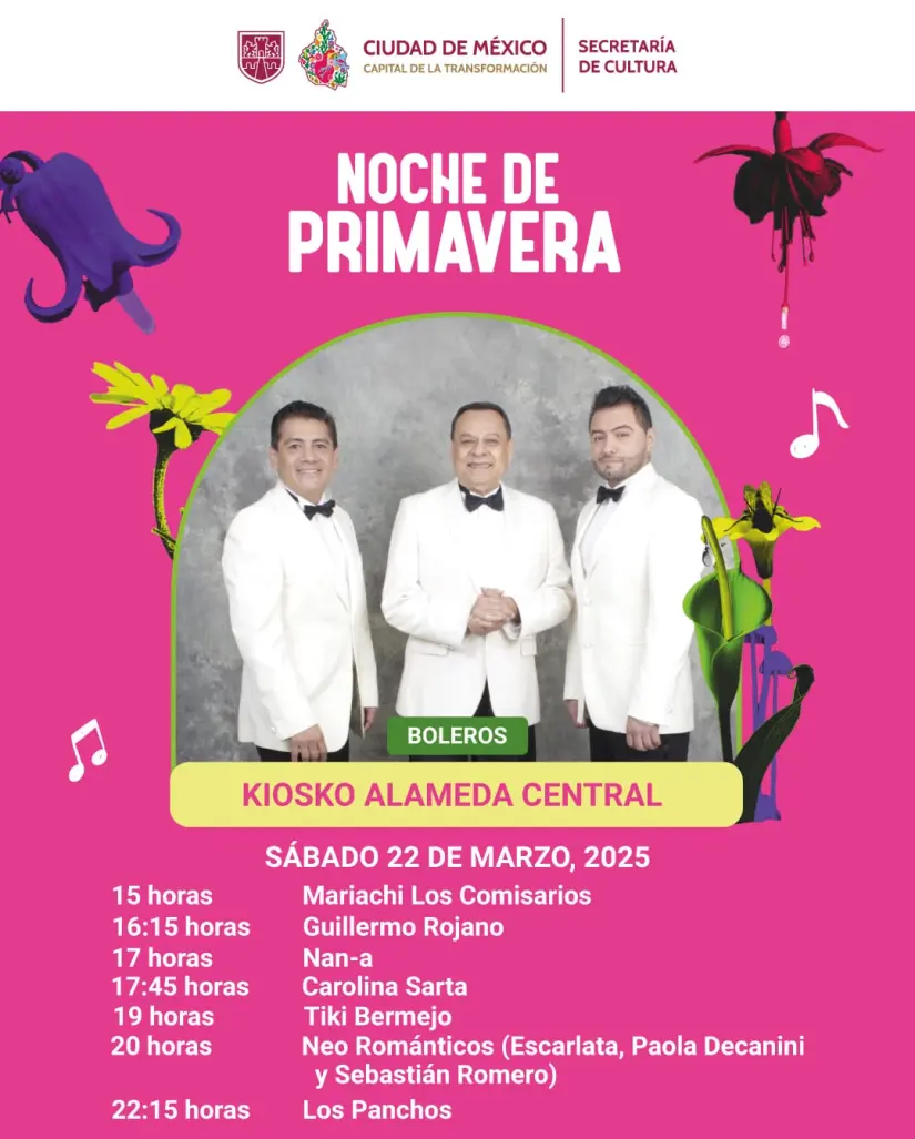 Los Panchos cerrarán el día de Boleros en el kiosko Alameda en el festival Noche de Primavera 2025. Foto: cultura.cdmx.gob.mx