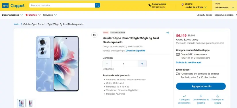 La oferta del Oppo Reno11 F en Coppel. 