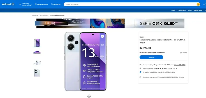 Precio del Xiaomi Redmi Note 13 Pro Plus en Walmart en línea. Foto: Captura de pantalla