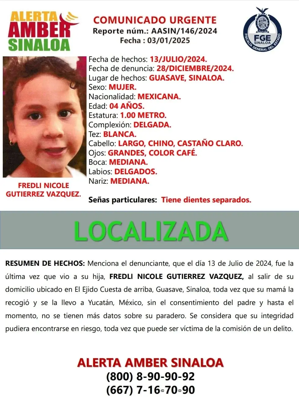 Fredli Nicole fue encontrada tras ocho meses de búsqueda. Foto: Alerta Amber