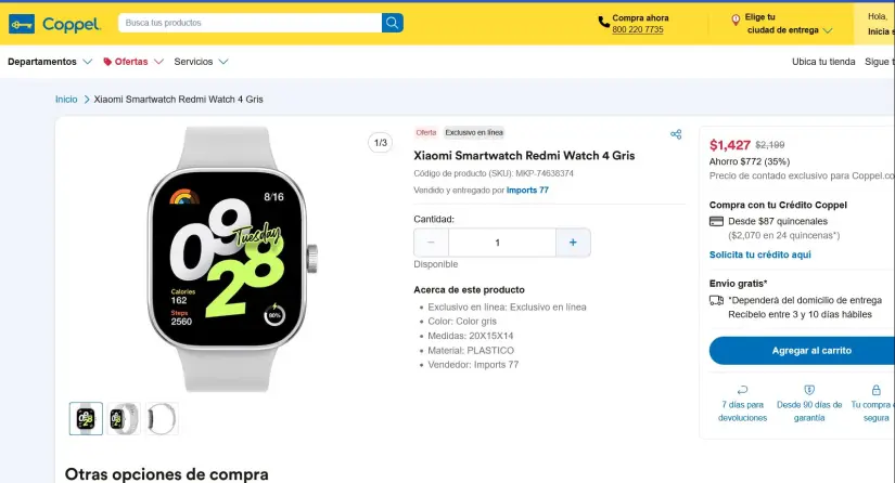 Con descuento el smartwatch Xiaomi Redmi 4 en Coppel en línea.