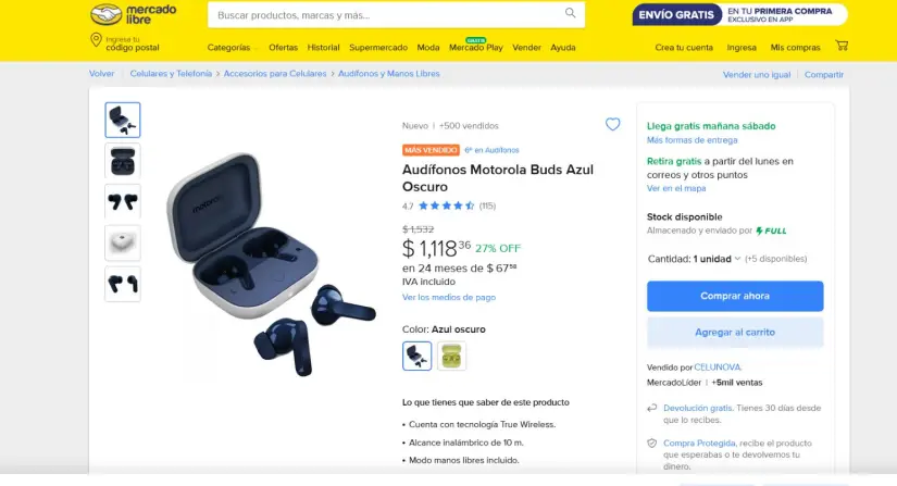 El descuento de los auriculares Moto Buds en Mercado Libre