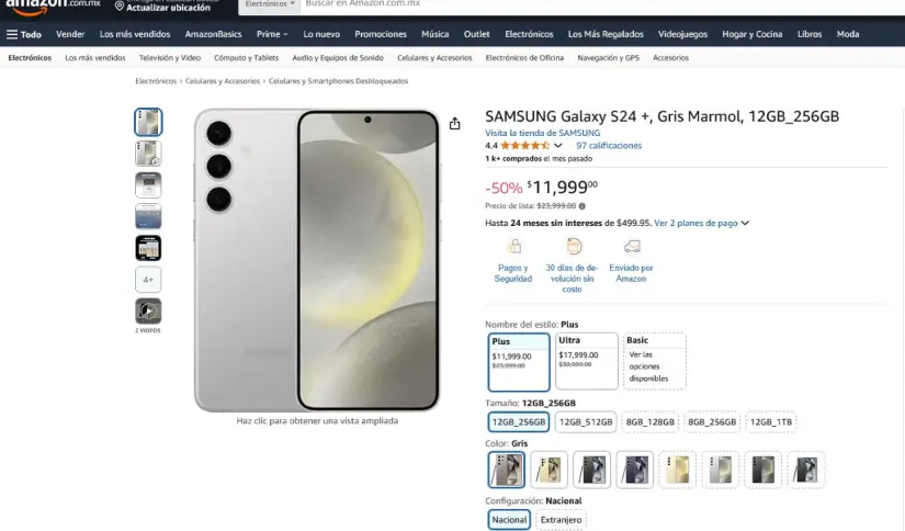 Samsung Galaxy S24 Plus en oferta en Amazon. Foto: Captura de pantalla