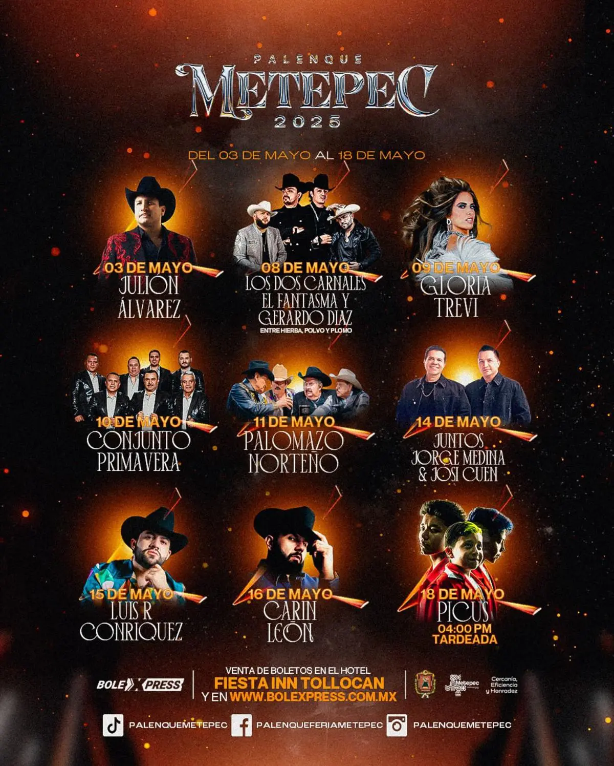 Cartel de los artistas que se presentarán en la Feria de Metepec 2025. Foto: Facebook palenqueferiametepec