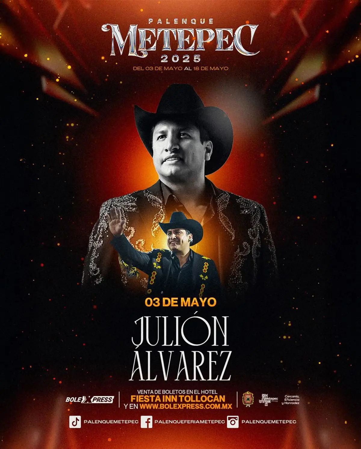 Julión Álvarez será el primer artista que se presentará en el palenque de la Feria de Metepec 2025. Foto: Facebook palenqueferiametepec
