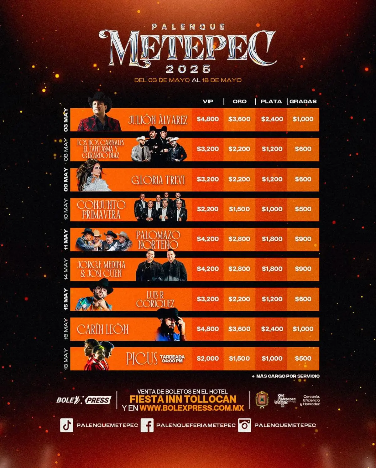 Precios para el Palenque de la Feria de Metepec 2025. Foto: Facebook palenqueferiametepec