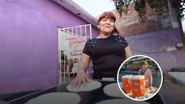 Enedina con sus tortillas de harina, atole, avena y chocolate, ha transformado su talento en un emprendimiento que le permite salir adelante y estar cerca de su familia. Foto: Juan Madrigal