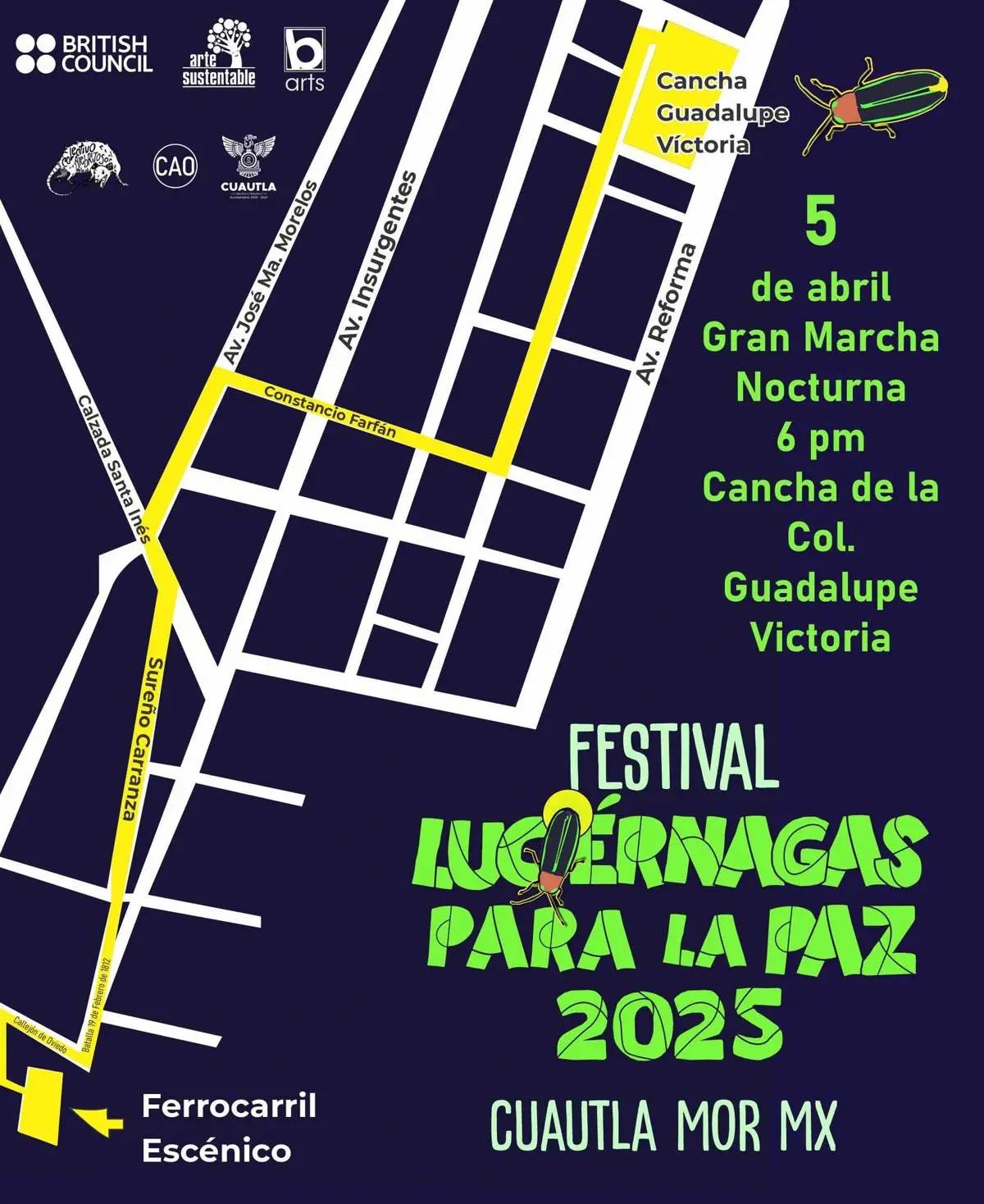 Recorrido de la Gran Marcha Nocturna del Festival Luciérnagas para La Paz. Foto: Facebook Festival Luciérnagas para la Paz. 