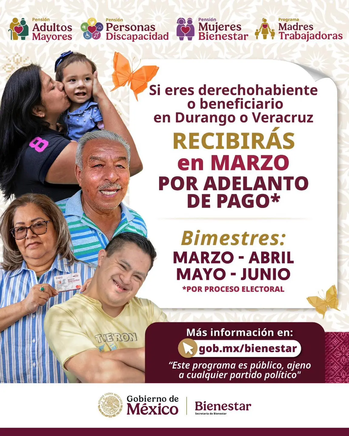 Los adultos mayores de Durango y Veracruz que estén inscritos a la pensión del Bienestar. Foto: Gobierno de México