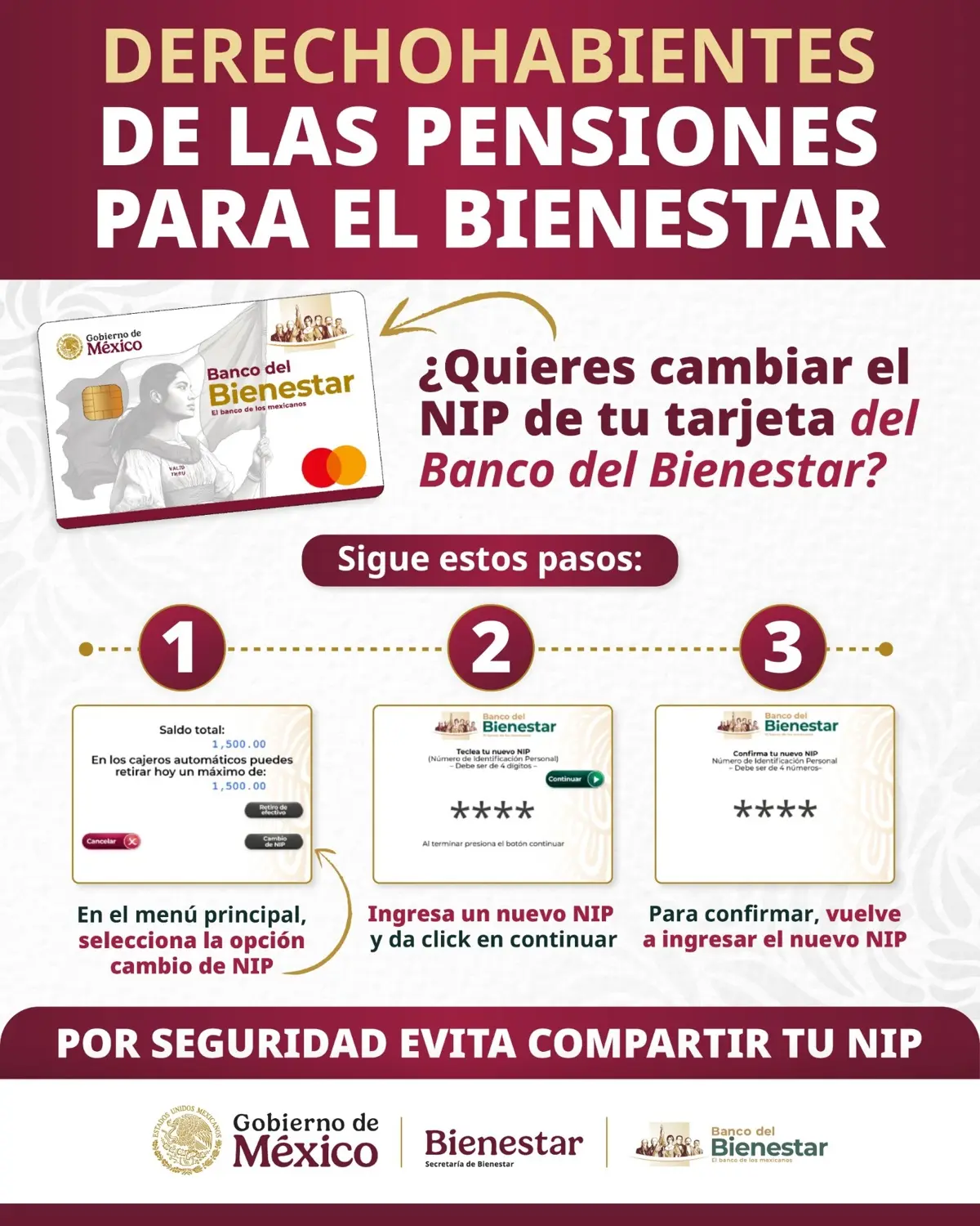 Se recomienda cambiar el NIP de tu tarjeta Bienestar para mayor seguridad. Foto: Gobierno de México