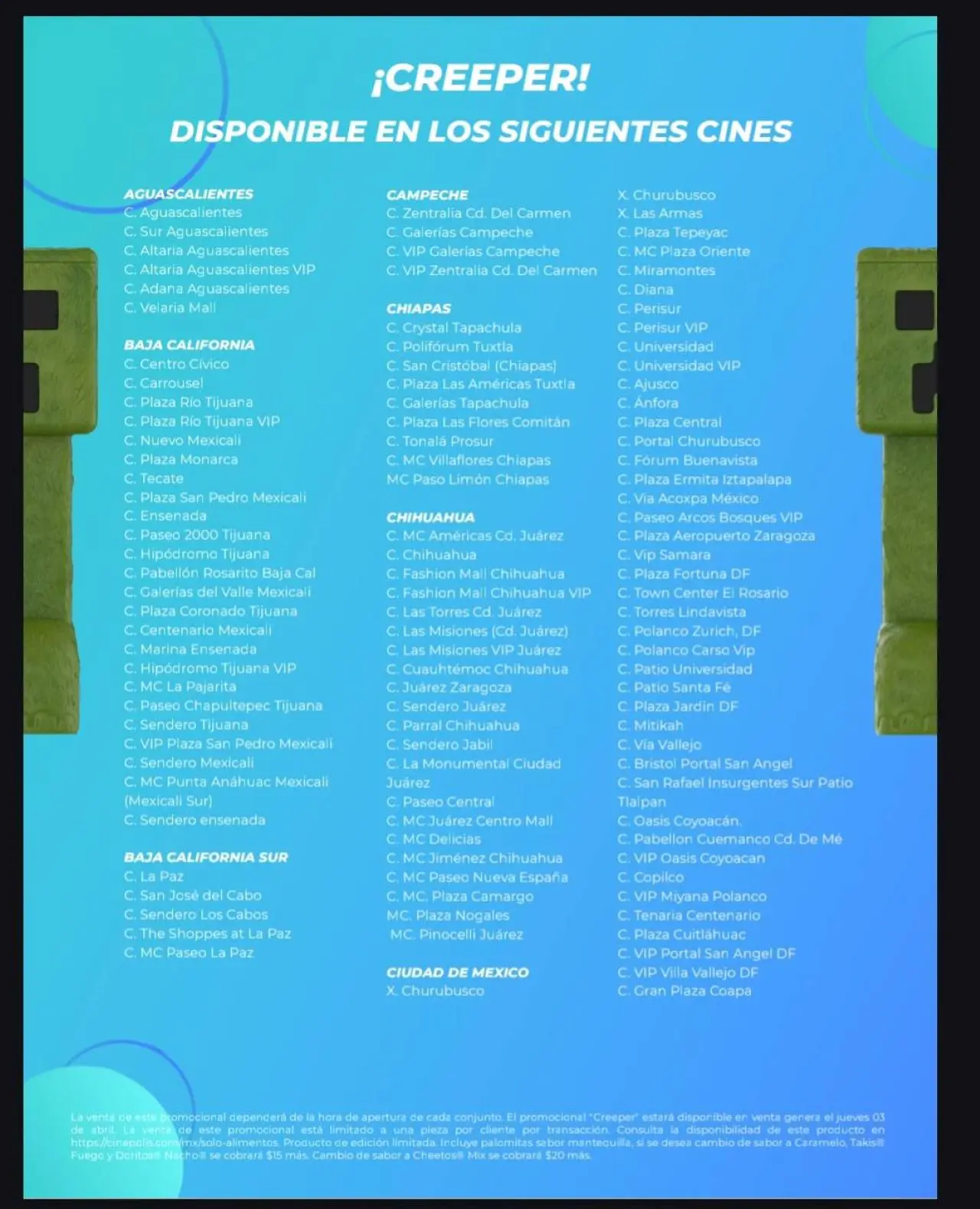 Sucursales de Cinépolis donde se vende la palomera de Minecraf. Foto: Cortesía