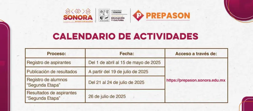 Calendario de actividades para el proceso de ingresar a una preparatoria pública en Sonora. Foto: prepason.sonora.edu.mx