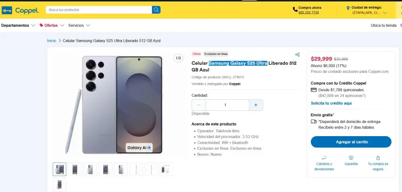 Samsung Galaxy S25 Ultra con oferta en Coppel Samsung Galaxy S25 Ultra con oferta en Coppel. Foto: Captura de pantalla