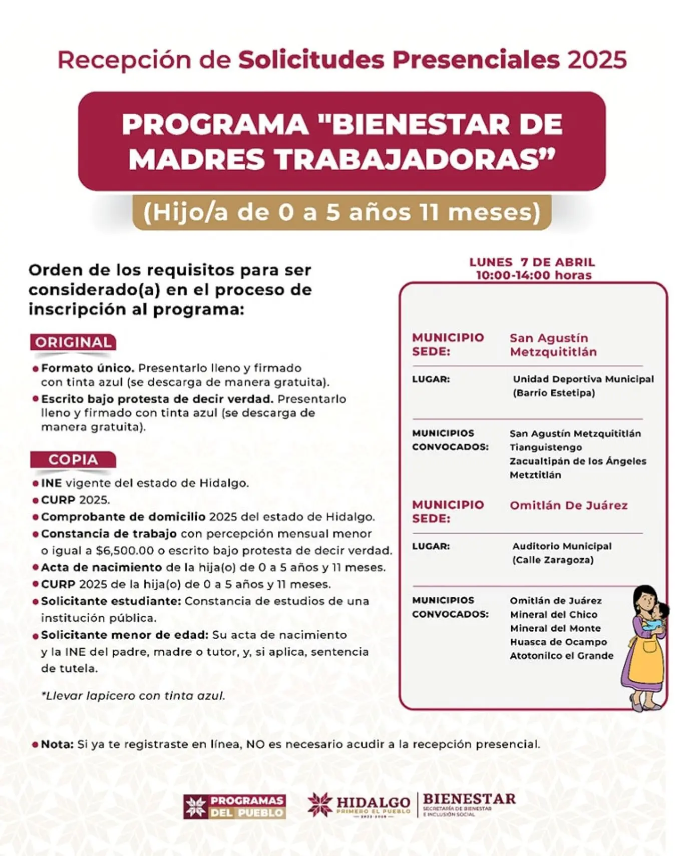 Sedes de registro en Hidalgo para Madres Trabajadoras 2025. Foto: Cortesía
