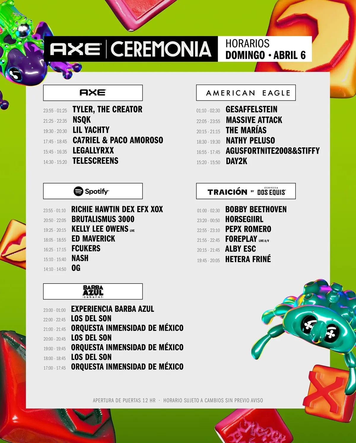 Artistas que se presentarían el día domingo 6 de abril en el Festival Axe 2025. Foto: Facebook AXE Ceremonia