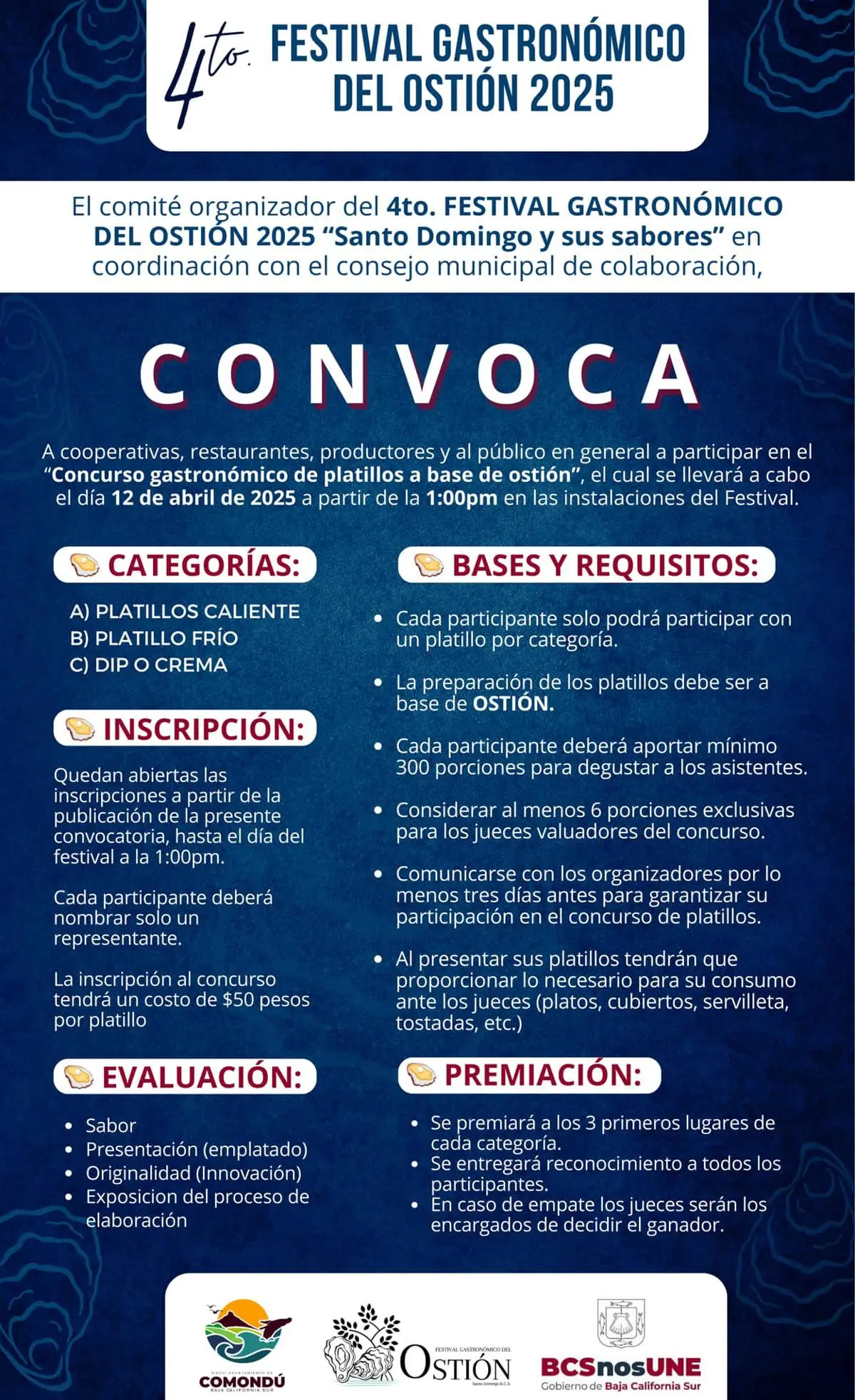 Convocatoria de concurso para el Festival Gastronómico del Ostión 2025. Foto: Cortesía. 