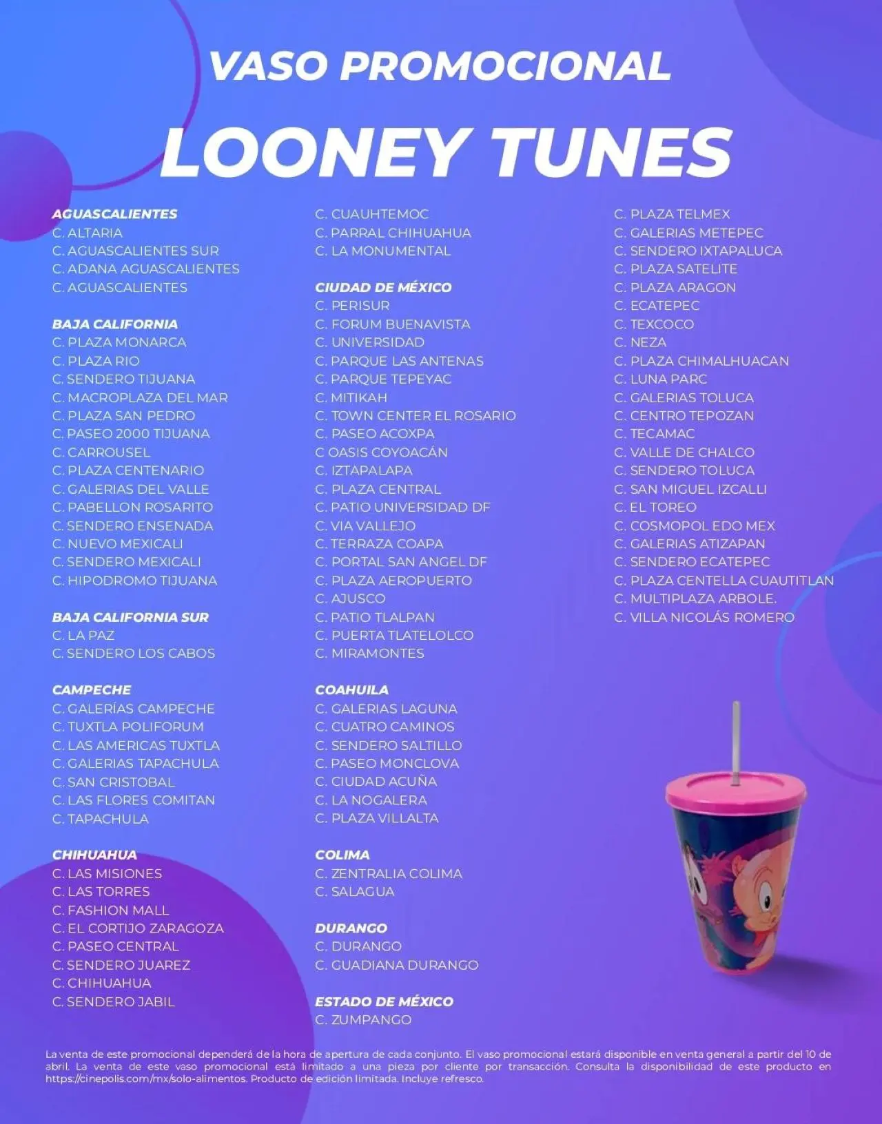 Sucursales de Cinépolis que tienen el vaso de Looney Tunes. Foto: Coleccionando