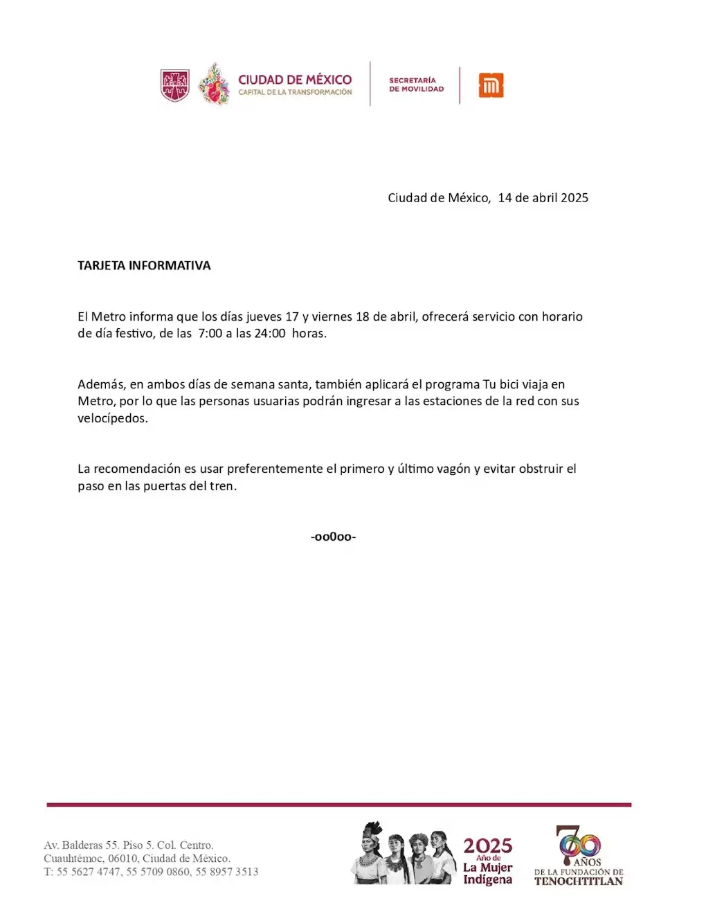Comunicado oficial. Foto: Metro CDMX