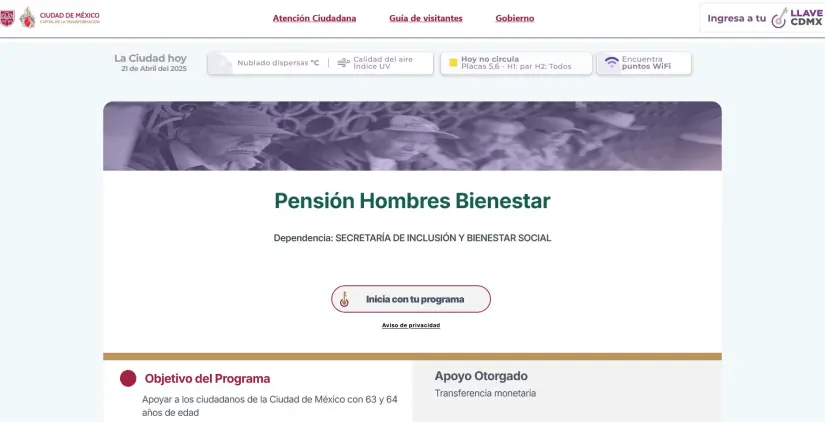 Enlace para registrarse para la Pensión Hombres Bienestar.