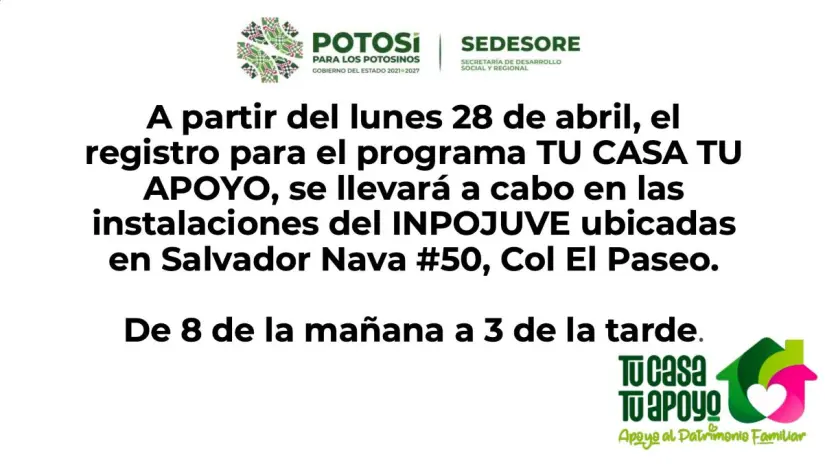 Dónde solicitar Tu casa, Tu apoyo en San Luis Potosí. Foto: Cortesía
