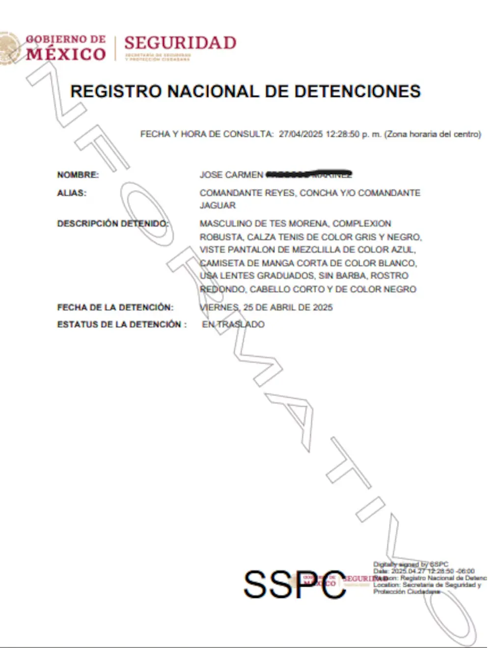 Ficha de detención. Foto: Fiscalía General de Oaxaca