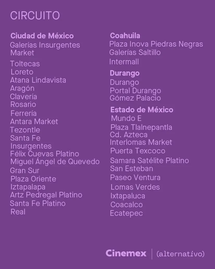 Sucursales de Cinemex donde se puede ver Orgullo y Prejuicio