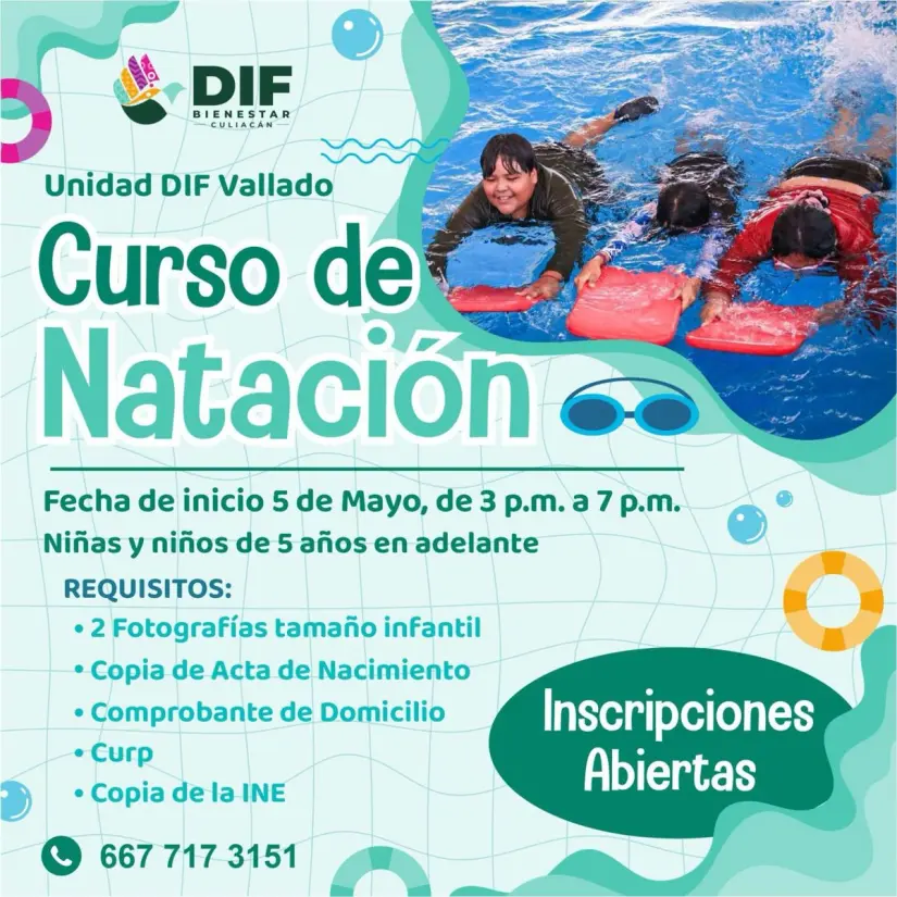 Conoce todos los detalles del nuevo curso de natación que DIF Vallado tiene para ti. Foto: Cortesía.