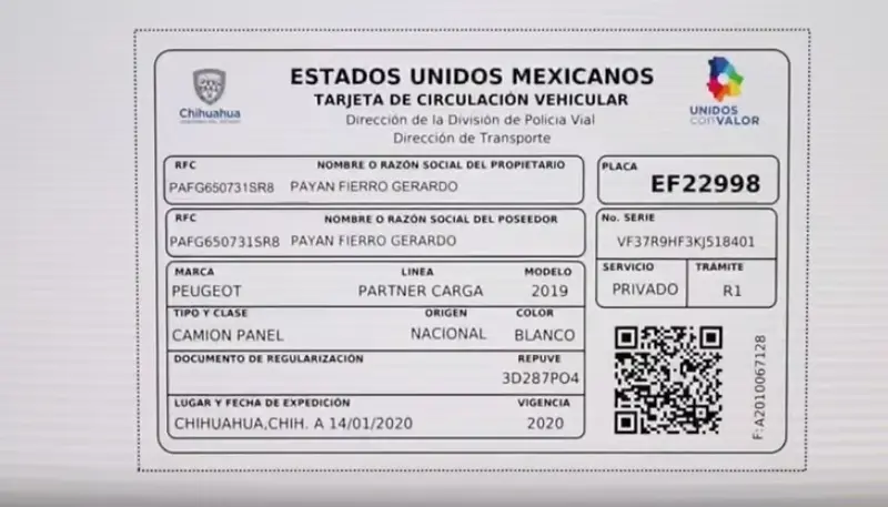 Impresión de la tarjeta de circulación en Chihuahua. Foto: Captura Universidad Tecnológica de Parral