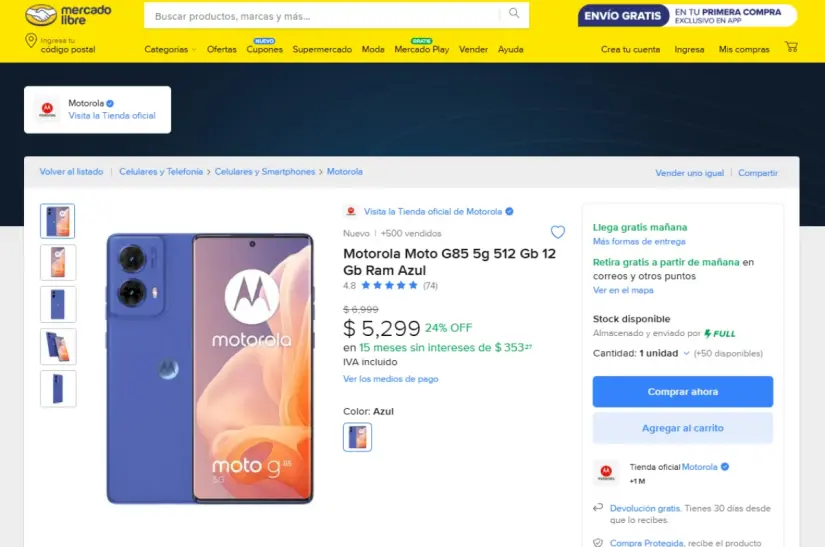 Moto G85 5G, un celular económico con batería poderosa; características y precio en Mercado Libre El Moto G85 5G puede ser tuyo con una oferta especial en Mercado Libre. Imagen: mercadolibre.com.mx