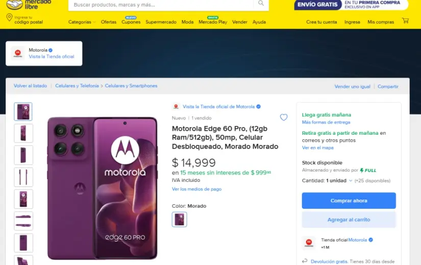 El Moto Edge 60 Pro se encuentra a menos de $15 mil pesos en Mercado Libre. Imagen: mercadolibre.com.mx