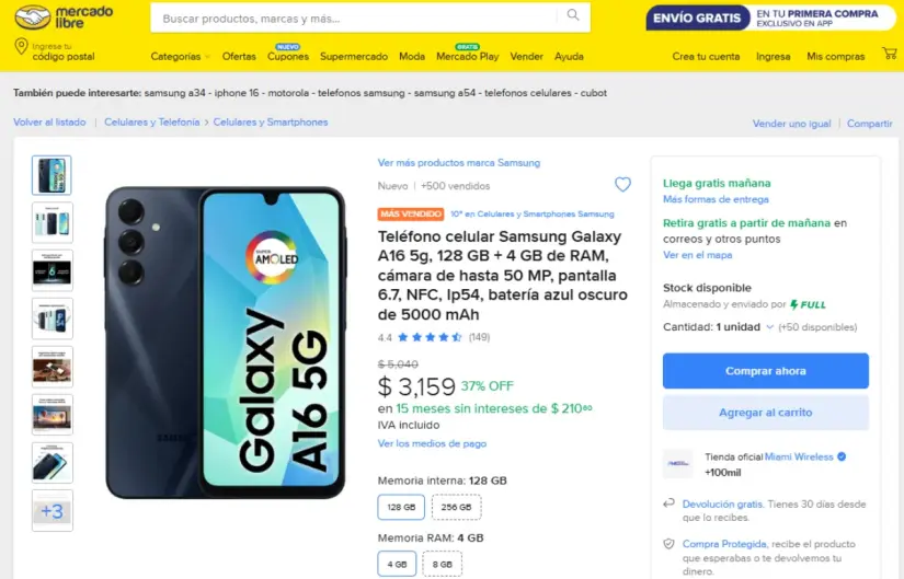 Samsung Galaxy A16: características y precio en Mercado Libre
