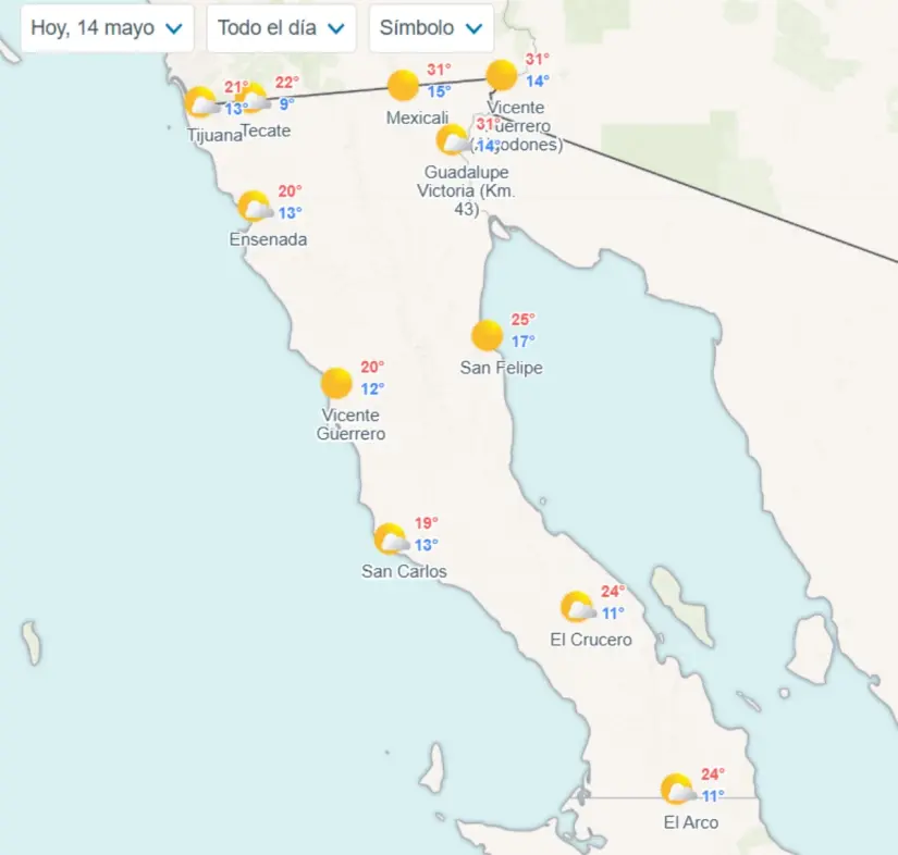 Clima en Baja California: altas temperaturas y rachas de viento hoy 14 de abril Temperaturas mínimas y máximas en Baja California este miércoles. Imagen: Meteored
