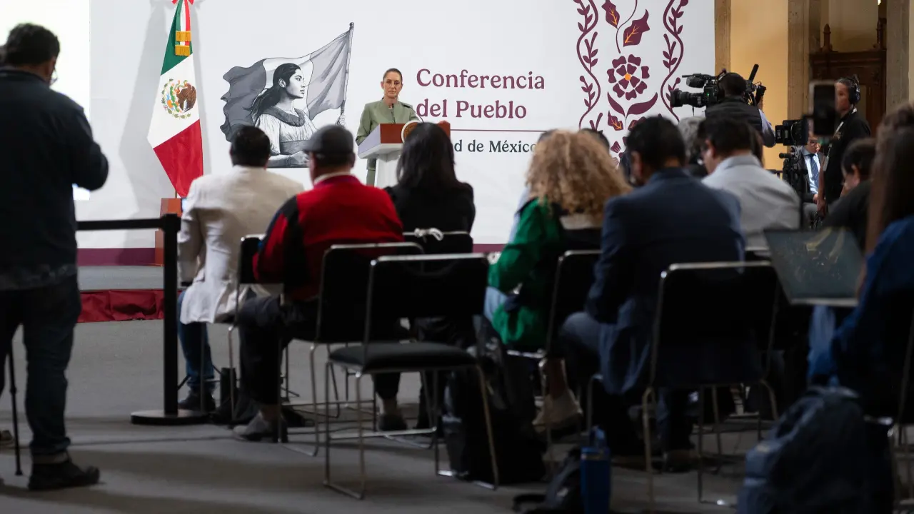 Claudia Sheinbaum durante la Mañanera del Pueblo de este miércoles 14 de mayo.