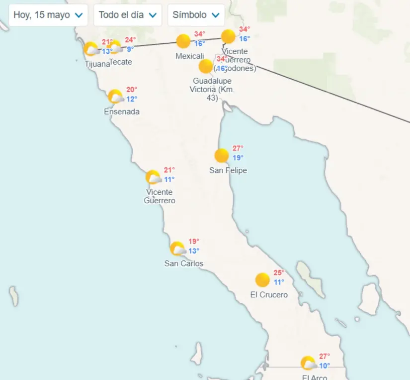 Clima en Baja California hoy 15 de mayo: cielo despejado y heladas Pronóstico de temperaturas por municipios en Baja California. Imagen: Meteored