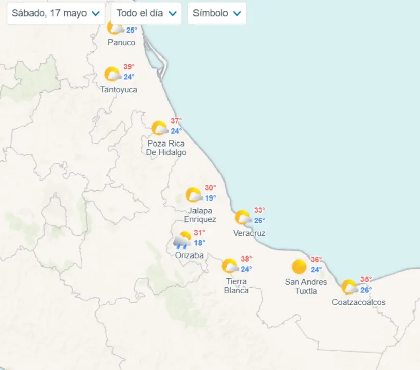 Clima en Xalapa del 15 al 18 de mayo de 2025: días calurosos y sin lluvias Pronóstico de temperaturas en los municipios de Veracruz el próximo sábado. Imagen: Meteored